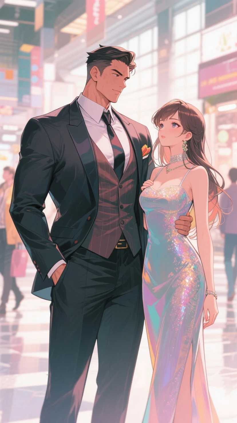 The son of a rich man, holding a black card in his hand, wearing gold and luxurious clothes, there are 2 beautiful and sexy girls beside him, the background is a mall.