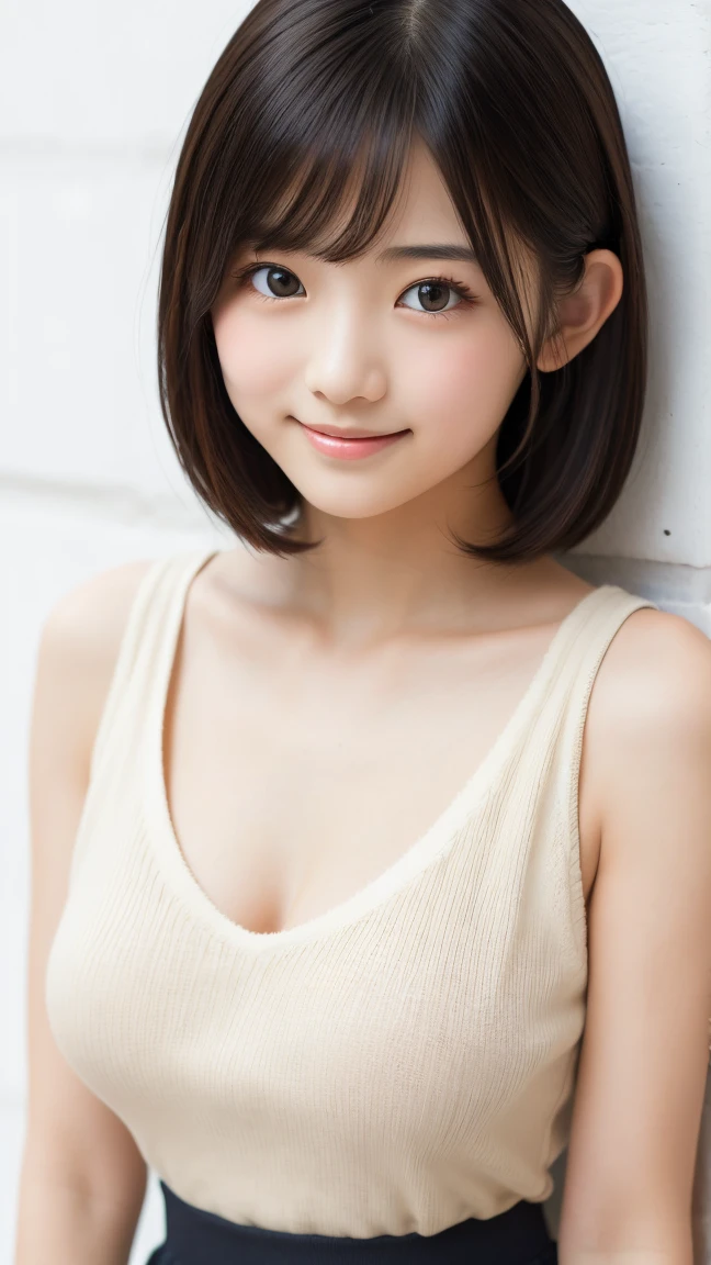 masutepiece, Best Quality, One girl, (Beautiful Girl:1.3), (22 years old:1.2), Very fine eye definition, (Symmetrical eyes:1.3), NSFW, (Put out naked, Cute sleeveless:1.3), Beautiful breasts, Brown eyes, Parted bangs, Brown hair, Upper teeth,Bedrooms,A smile,profile,Transverse breasts,Angle seen from the side,,Full body, arms raised in air