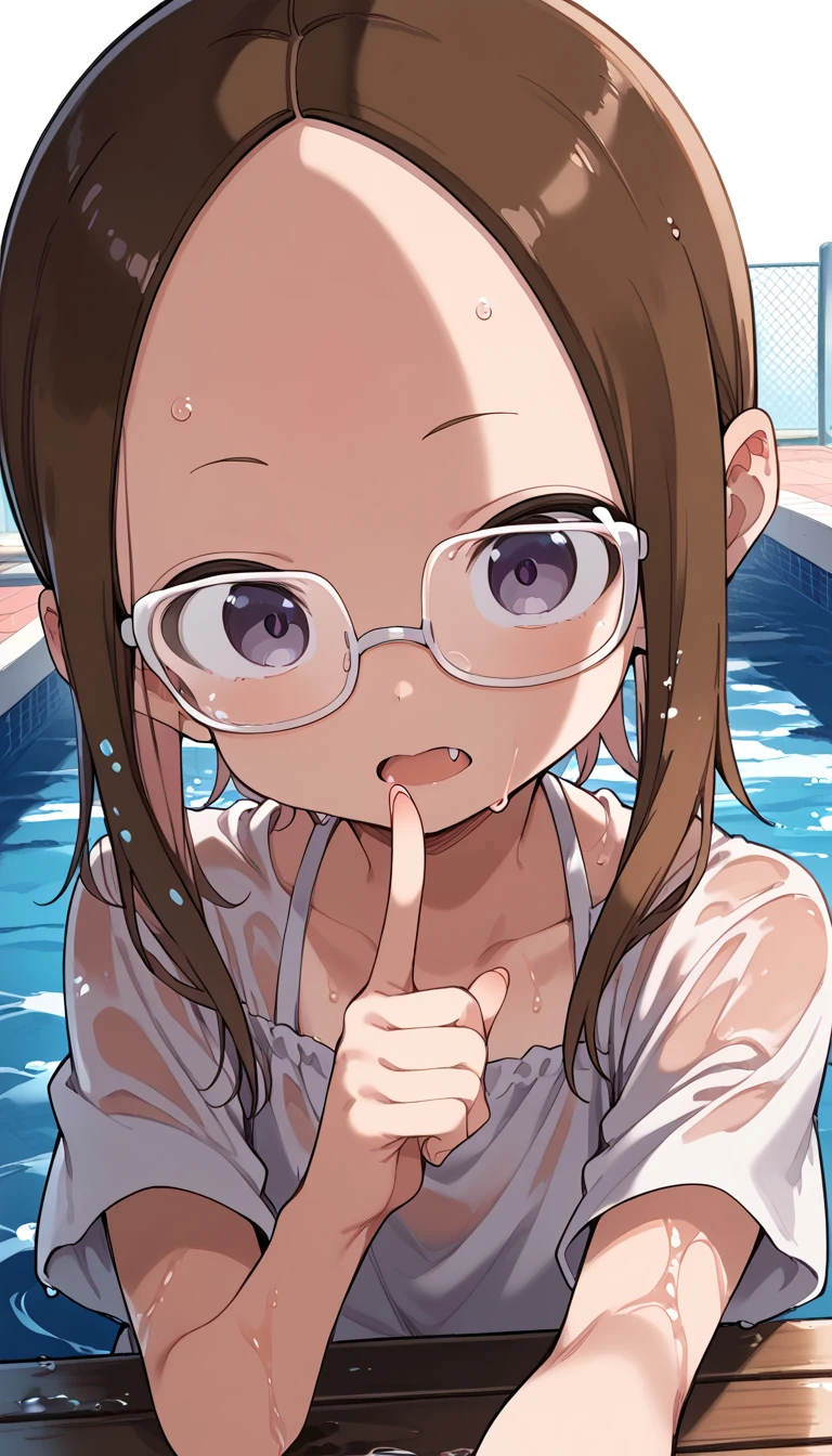 ultra-detailliert, Best Quality, hight resolution, ((A cute, small, black-haired, naked girl with droopy eyes wears round glasses and looks up.))、Pretty eyes, Detailed eye depiction, Eye sparkle, Looking at Viewer, Open your eyes, pale skin, (((Petite))), (flat chest:1.4), (blush:1.2), (big eye:1.4), (tareme:1.4), in a pool, Focus on the face, long ponytail hair, ((super close up of tongue))、(((from above))), open_mouth, (((face only:1.4))), ((naked)), nsfw, saliva, close up of face, up of face, (close up face:1.4)