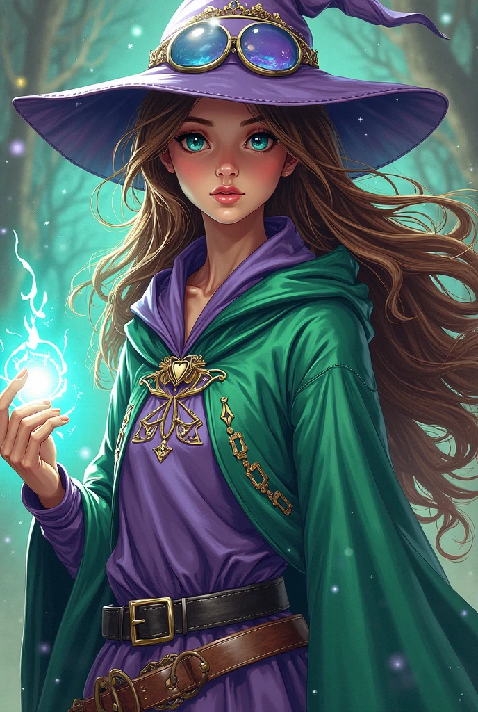 melhor qualidade, high resolution, 1 garota, duende, witch's hat, (Kate Beckinsale), vestido verde,floating in the space, esfera de energia, light particles, cabelo brilhante, estrelas brilhantes, Fantasia,