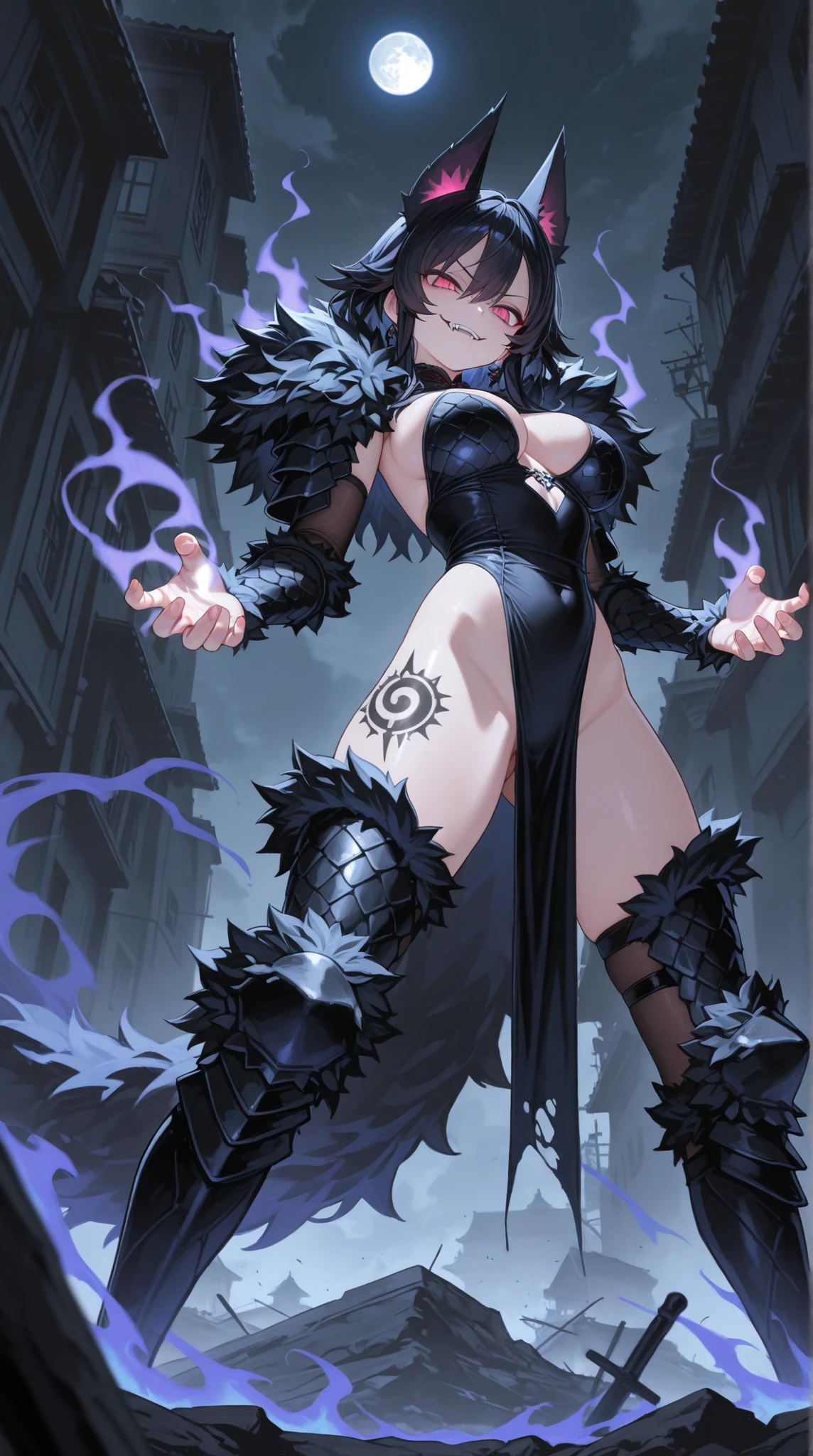 (High resolution, best quality, masterpiece), detailed, ultra detail, 1female, physically fit, curvy, slender body, fierce expression, dark eyes, (detailed eyes), Purple hair, short length hair, full body, ((dragon horns)), ((face: dragon scales)), face covered in scales, ((topwear: fur lined coat, bottomwear: tight jeans)), ashy background, part draconic, somber expression, inhuman, reptilian skin