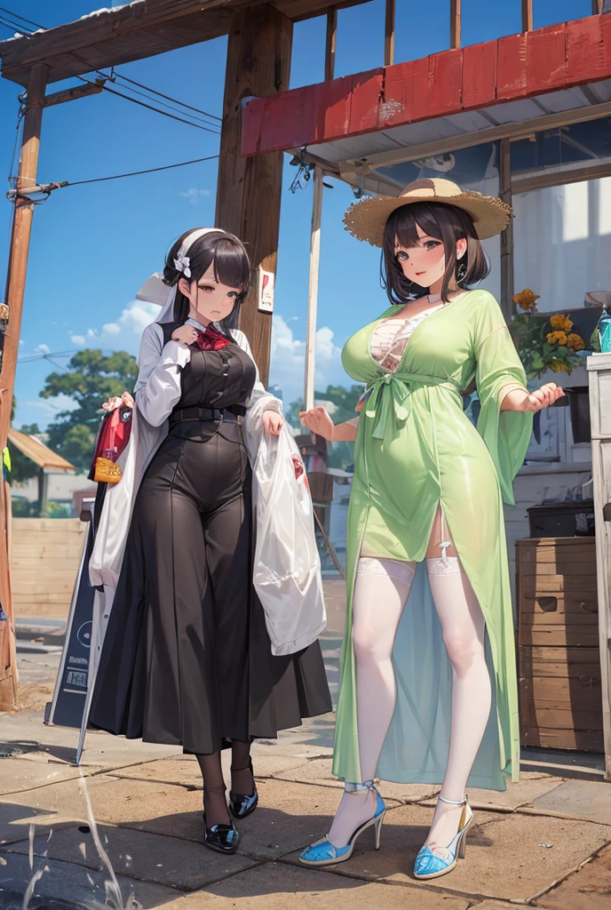 Girl alone, single, hide breasts, do not show cleavage, long dress with slit, blue costume, long hair, black hair that reaches to the waist, ponytail, gentle smile, smile, lightly open lips, blush, embarrassment, shy, tall, fingerless gloves, sword, meadow, fantasy, rpg, masterpiece, best quality, refreshing breeze, 8k, medieval, (huge breasts: 1.2)