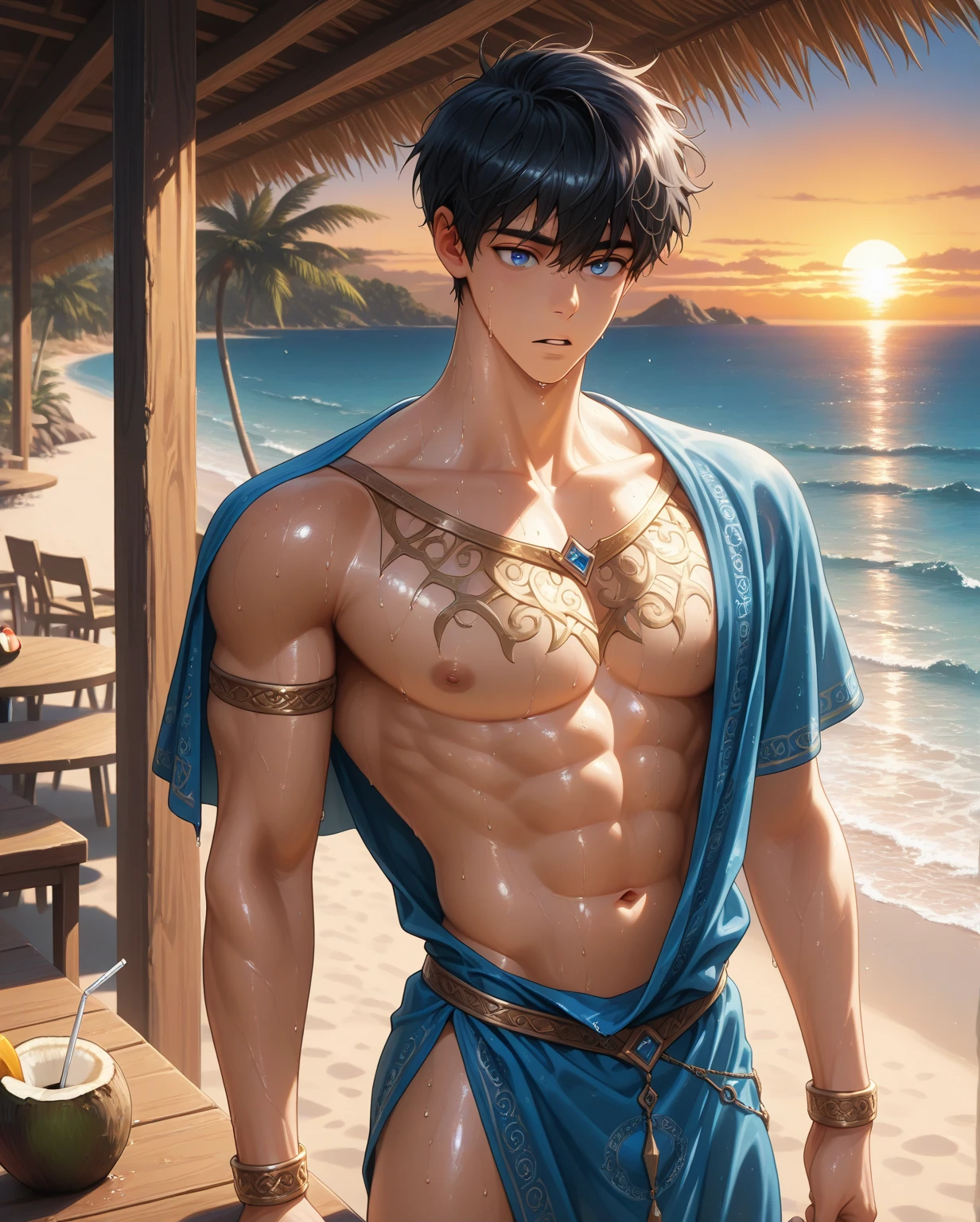 (best quality,4k,8k,highres,masterpiece:1.2),ultra-detailed,(realistic,photorealistic,photo-realistic:1.37),1boy,hindu god krishna,sitting on beach,ocean waves,sunset sky,lush tropical plants,ornate jewelry,intricate clothing details,serene expression,dramatic lighting
