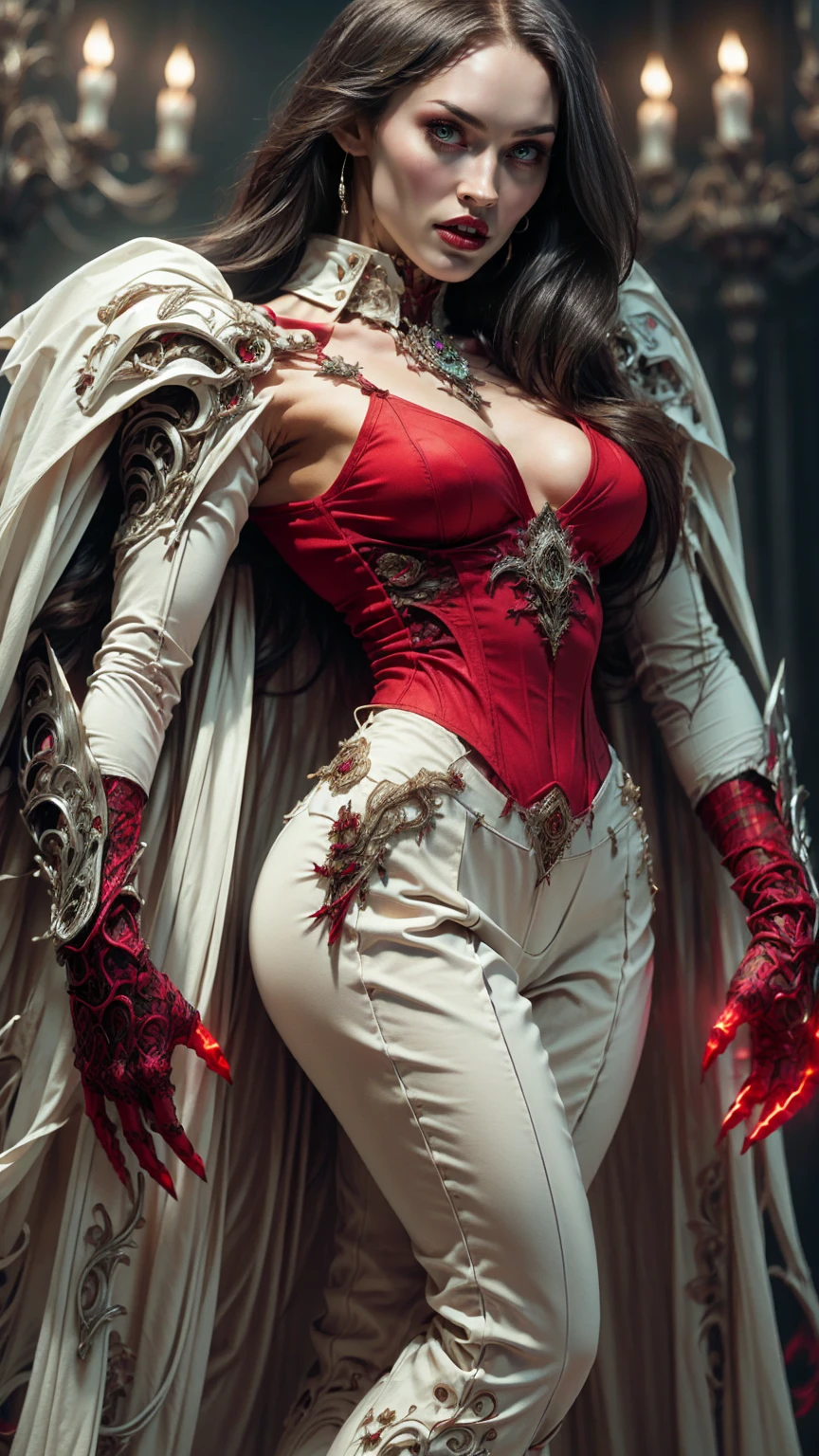 (((megan fox))), (masterpiece:1.1), (best quality:1.1), ((full body view:1.25)), (ornate:1.1), (red and black coloring:1.26), BREAK, (horror:1.0), (esoteric:1.1), (solo:1.4), (dynamic angle:1.0), (cowboy shot:1.0), (woman:1.1),(very muscular bodybuilder girl:1.25), (huge upper body:1.25), (narrow hips:1.0), long hair, (gothic intricate vampiric armor:1.25), (gauntlets:1.0), (shoulder armor:1.1), ((tarot style frame:1.25)), (glowing red eyes:1.25), (huge muscular arms:1.5,) thin legs, Realistic, Very detailed face and eyes, masterpiece