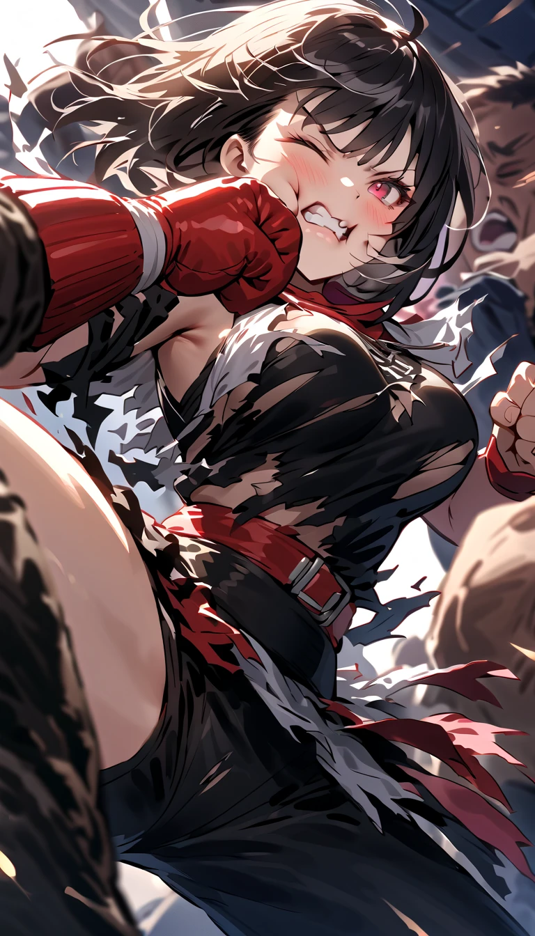 masterpiece, Highest quality,High resolution,Dorothy, Redhead,Red eyes,Braiding, The chest area of the dress is torn、Dirty smoke、、Nipples are fully visible、Your clothes are torn、Take damage from an attack、Very detailed、anime、animeスクリーンキャプ、Big eyes、very cute、((Battle scene in the ruins))、blush