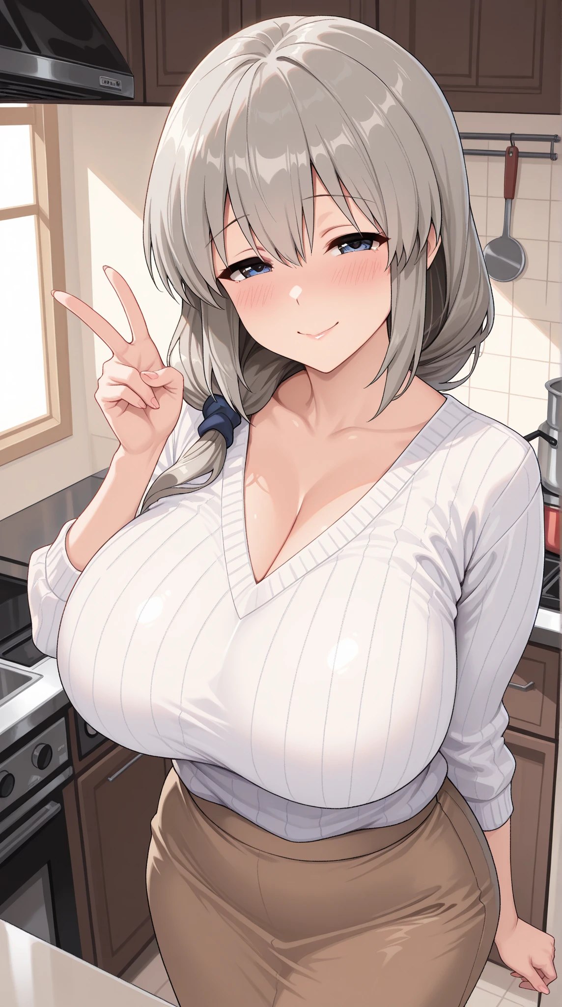 (nsfw:1.5), ((((masterpiece, best quality, high resolution)))), 1girl, white hair, purple eyes, bob cut, wavy hair, average breasts, blush, light smile, parted lips, glow, thighs, bare shoulders, collarbone, narrow waist, cleavage, (masterpiece), (beautiful detailed face, beautiful detailed eyes), (naked apron, kitchen, arms behind back)