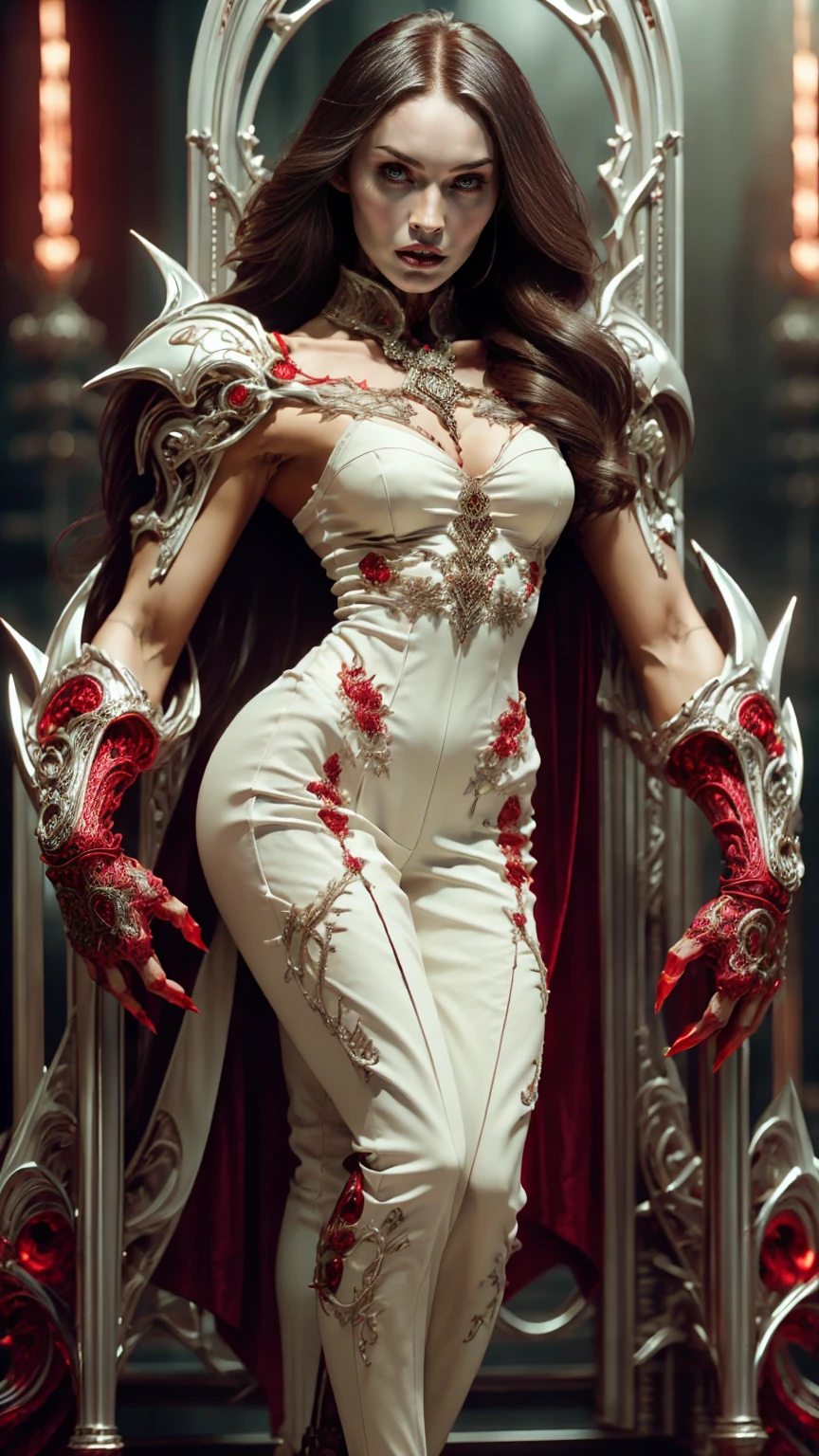 (((megan fox))), (masterpiece:1.1), (best quality:1.1), ((full body view:1.25)), (ornate:1.1), (red and black coloring:1.26), BREAK, (horror:1.0), (esoteric:1.1), (solo:1.4), (dynamic angle:1.0), (cowboy shot:1.0), (woman:1.1),(very muscular bodybuilder girl:1.25), (huge upper body:1.25), (narrow hips:1.0), long hair, (gothic intricate vampiric armor:1.25), (gauntlets:1.0), (shoulder armor:1.1), ((tarot style frame:1.25)), (glowing red eyes:1.25), (huge muscular arms:1.5,) thin legs, Realistic, Very detailed face and eyes, masterpiece