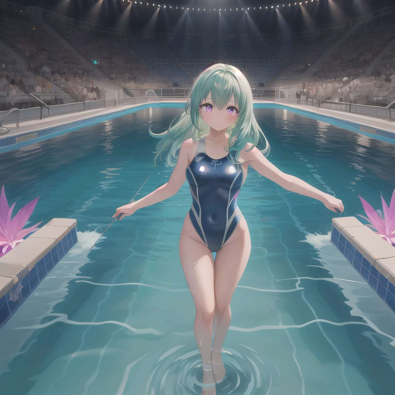Depict a 20-year-old, breathtakingly beautiful woman performing synchronized swimming in a crystal-clear pool. She wears a stunning, form-fitting swimsuit adorned with sparkling embellishments, designed for both elegance and functionality. Her body moves in perfect harmony with the water, arms extended gracefully, legs executing a precise movement. The water ripples around her, reflecting the bright lights of the aquatic arena, creating a mesmerizing scene of beauty and strength. Green hair, long hair, purple eyes.
