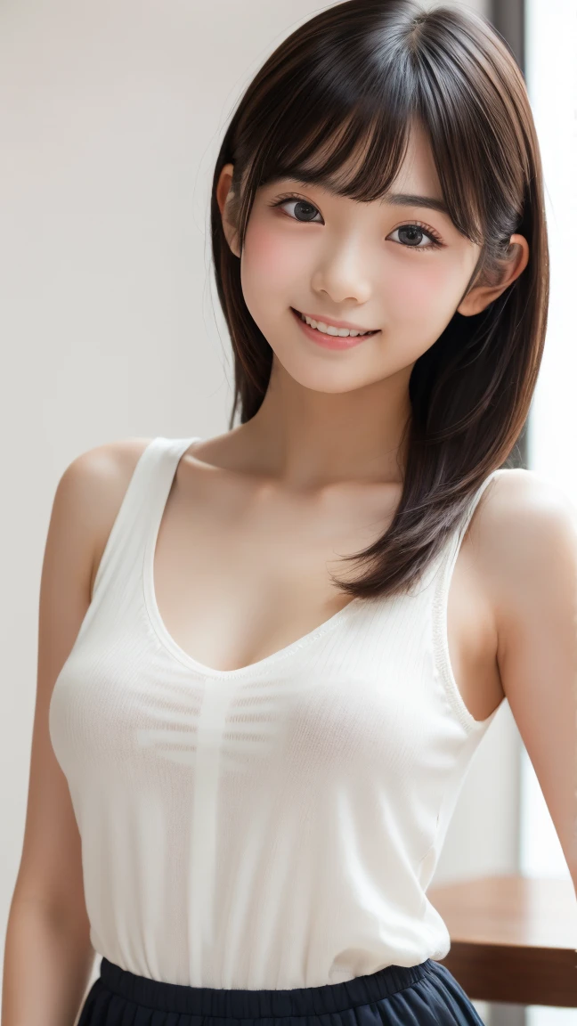 Lens: 135mm f1.8, (top quality), (beautiful 14-year-old Japanese girl), (moisturized lips), narrow eyes, double eyelids, delicate collarbone, flat chest, smile, (spotted Sunlight: not 1.2), Professional lighting, (Small figure), (Tanned skin: 0.2), Full body photo, ((Full body focus)), (Kneeling), Neat honor student, Gradual body, (V-neck T-shirt) Shirt: 1.5), various hairstyles, sunny summer sandy beach, very, very small breasts, undeveloped breasts, very cute, very young, exposed belly button, armpits