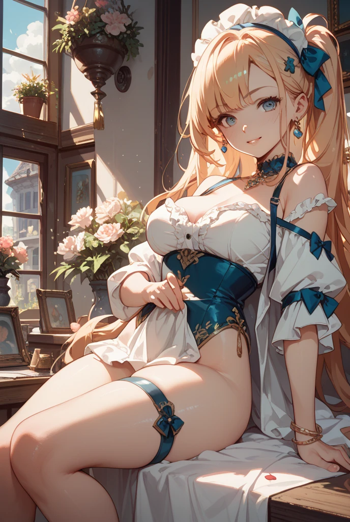 an cartoon painting of a women in underwear on a couch with lights surrounding her, 1girl, breasts, solo, blue eyes, sitting, large breasts, hair ornament, cleavage, jewelry, thighhighs, flower, looking at viewer, crossed legs, earrings, smile, hair flower, bare shoulders, thighs, white thighhighs, blonde hair, dress, choker