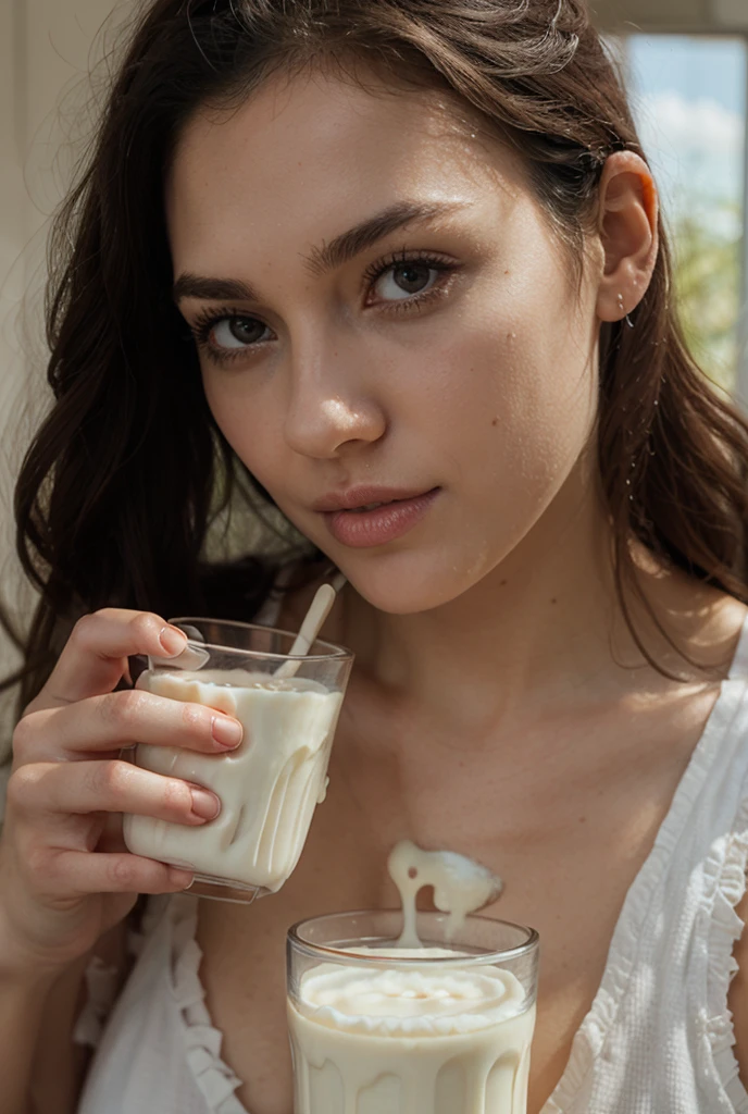 A boy drinking milk from girl boob