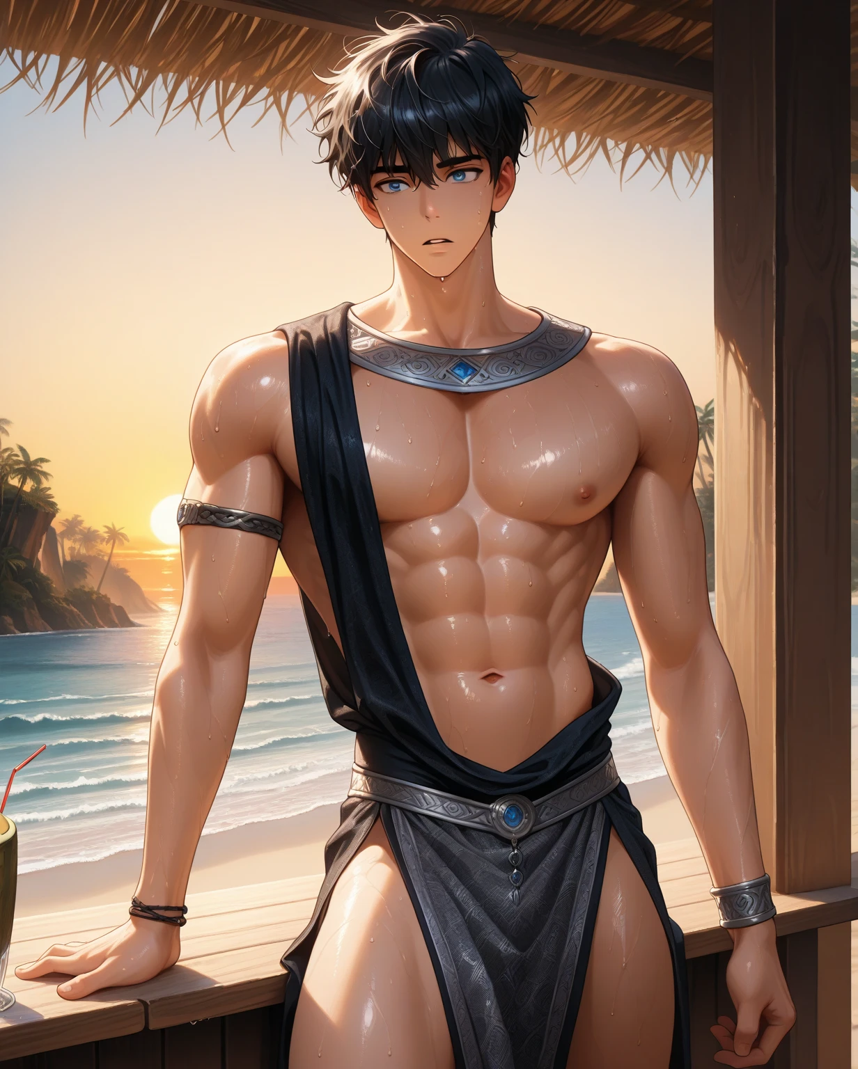 Ojos violetas masculinos masculinos definidos , mongrel violet hair ager 15 years shirtless skin broced clothes of ancient Egypt egyptian palaces in the background