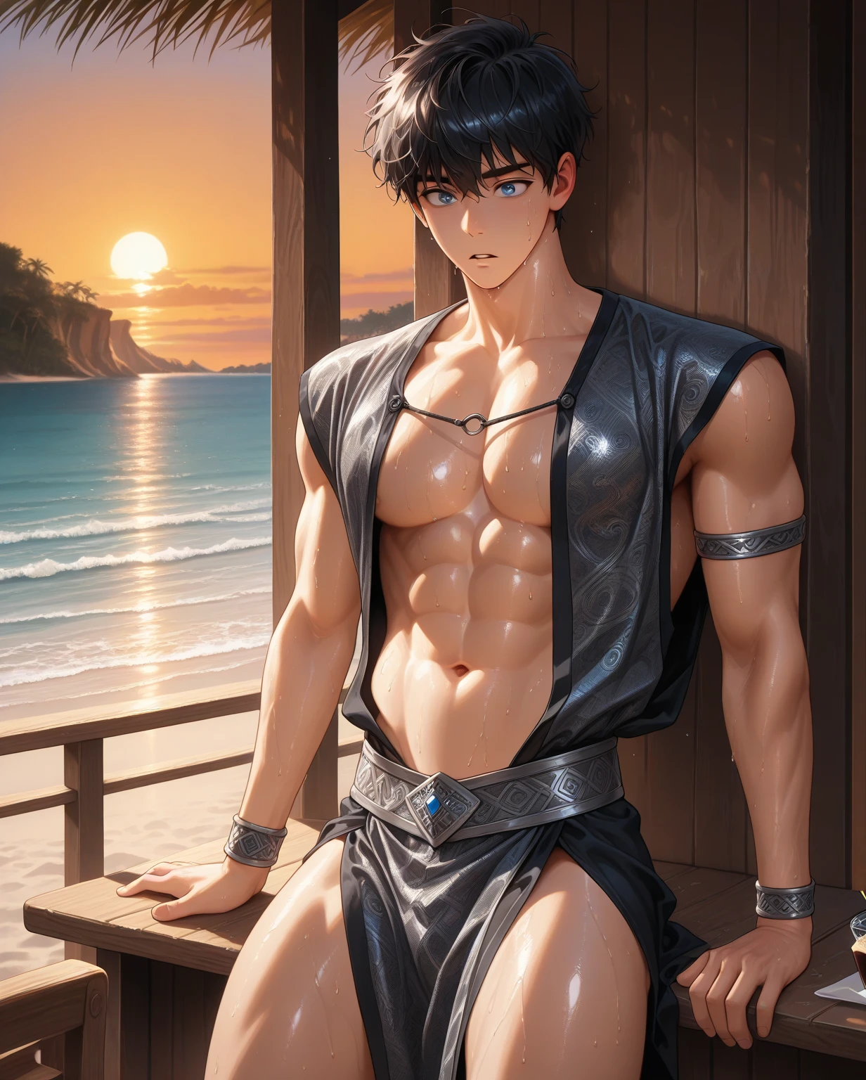 8k, bernheim from king's raid, sexy muscular, black jockstrap, big bulge, big chest, big nipple, beach background.