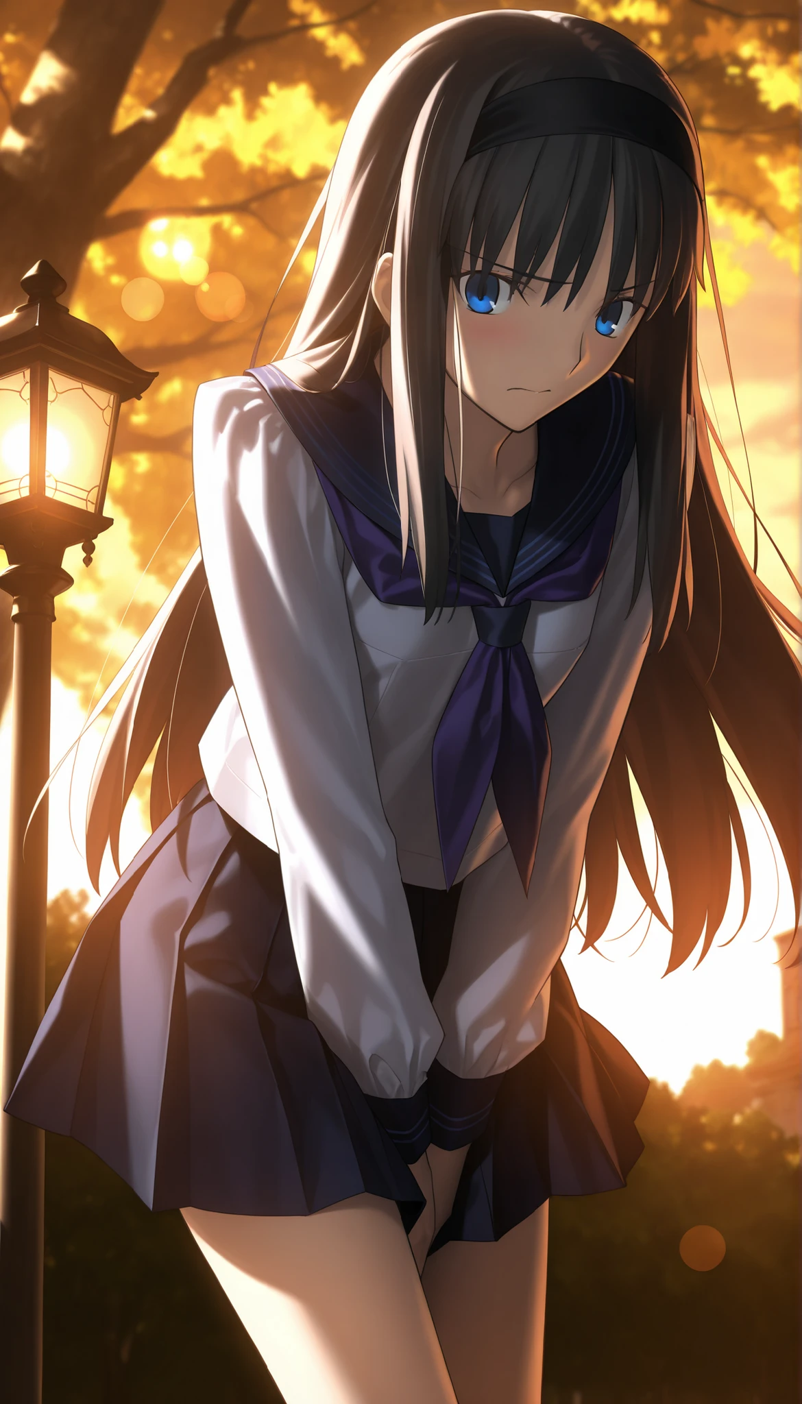 masterpiece, , absurdres, highres, detailed background, high resolution, masterpiece, necessary, detail, best quality, quality, necessary, details, High details, Precise, dark, outdoors, dappled sunlight, (evening, lamp), lens flare, blurry background, from below, solo,
1girl, Takeuchi Takashi (type-moon,tsukihime) style, takeuchi takashi style,((wind lift)) , (pantie shot) ,(panicking) ,,
tall girl, mature, Akiha_Tohno, (tsukihime), black hair, bangs, long hair, blue eyes, black headband, straight hair, tsurime, long sidelock, bent over, ,
(school uniform , sailor collar , serafuku , light blue shirt , long sleeves , purple neckerchief , blue neckerchief ), (show off panties), , mini black skirt , pleated skirt, mini skirt, , (small breasts, flat chest), , looking at viewer, light embarrassed ,arms between legs,
