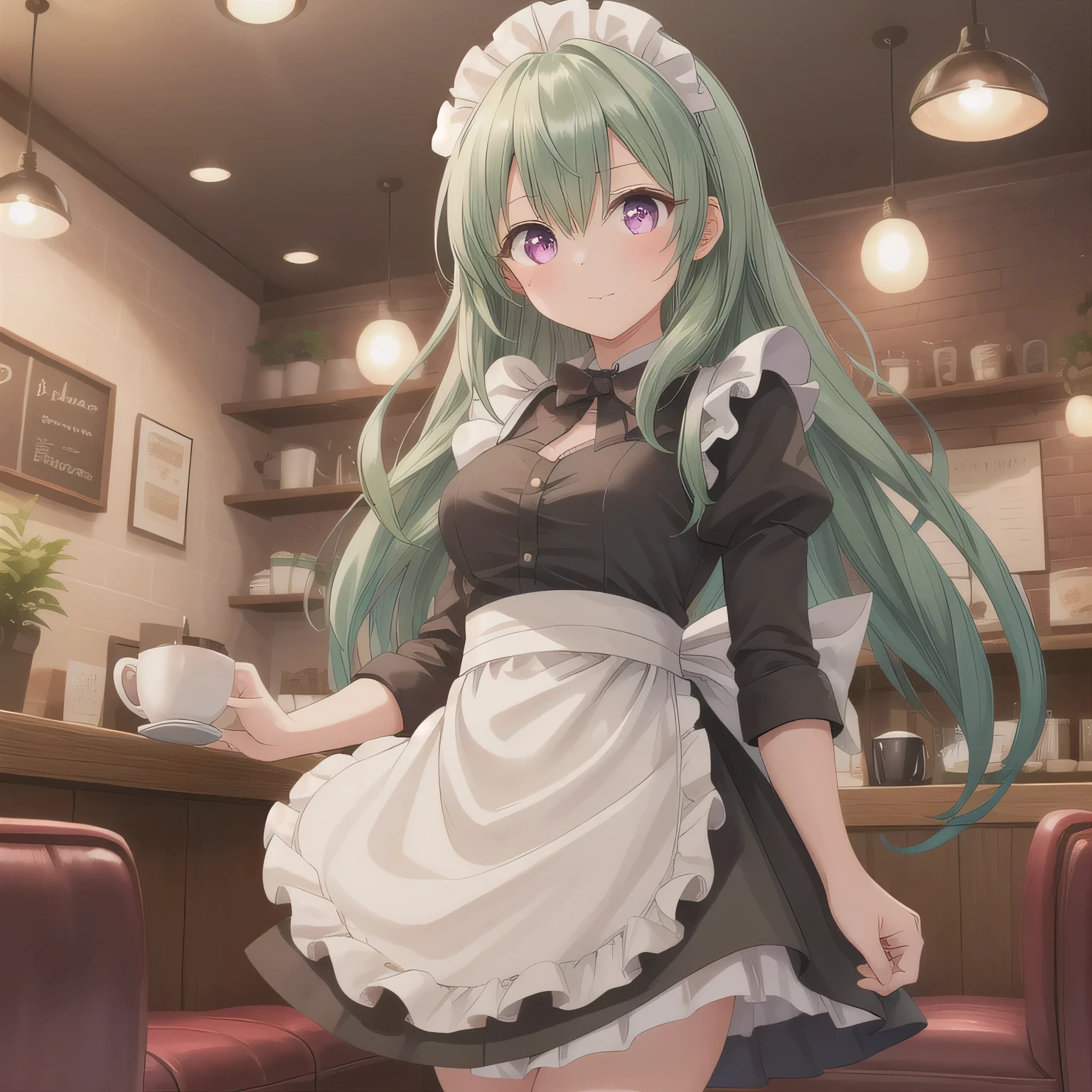 A girl is working as a waitress in a cozy cafe. She's wearing a classic maid outfit. The air feels warm and calm, and it's like you can almost smell the coffee through the picture. Green hair, long hair, purple eyes.