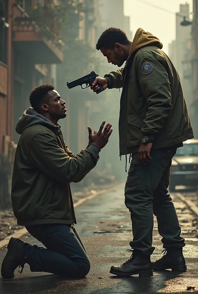 black character, angry at Male with sniper shooter, background of a gang,front angle view