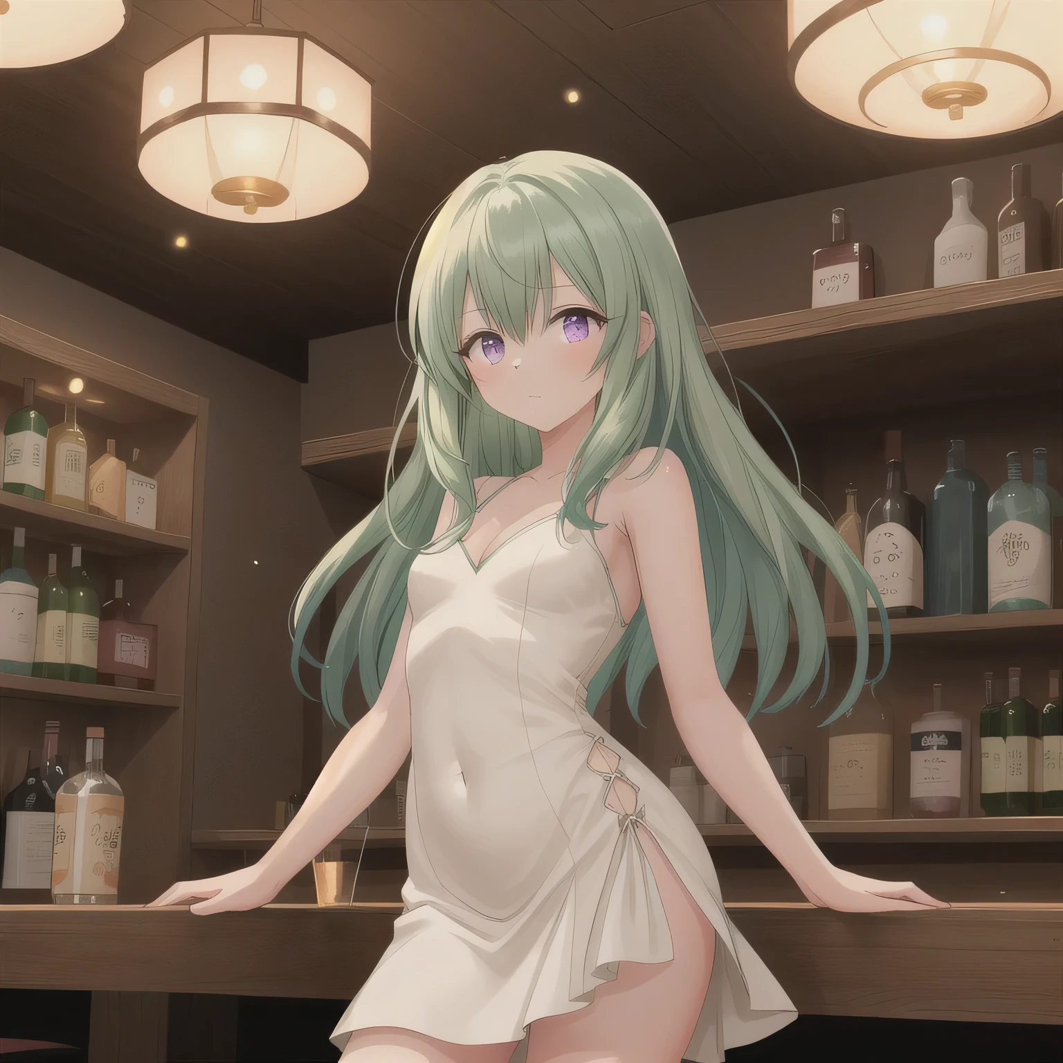 A 2D anime-style illustration. The scene is set inside a dimly lit, cozy Japanese "snack" bar. The lighting is soft and warm, with gentle shadows creating a relaxed, moody atmosphere. Bottles of liquor line the shelves behind the bar, and small round tables are scattered throughout the room. A young woman is standing near a table, wearing a stylish, slightly sexy dress commonly seen in such bars — like a fitted cocktail dress with soft fabrics and subtle glitter. She looks elegant and approachable. The focus is on the warm mood and ambient light. Green hair, long hair, purple eyes.