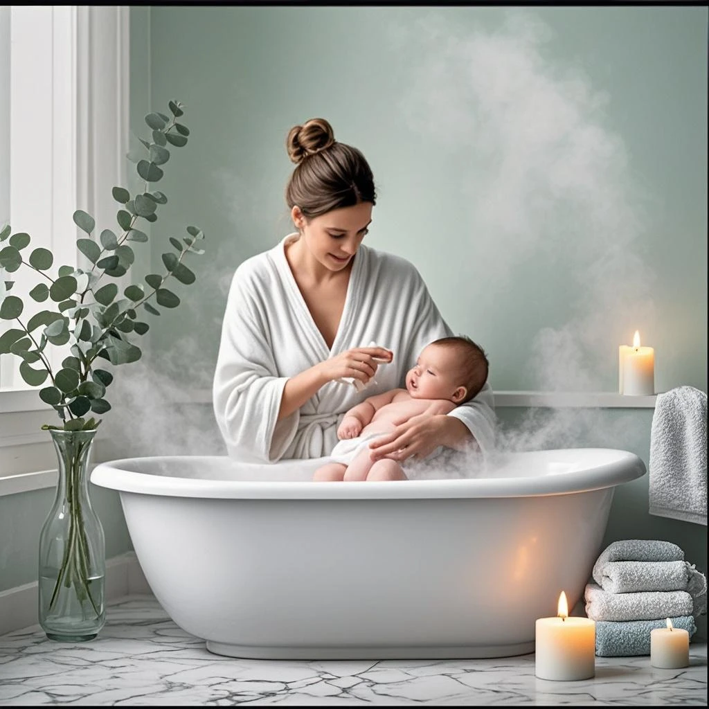 A mother bathing a baby in a tub washing her baby's hair with Johnson baby shampoo