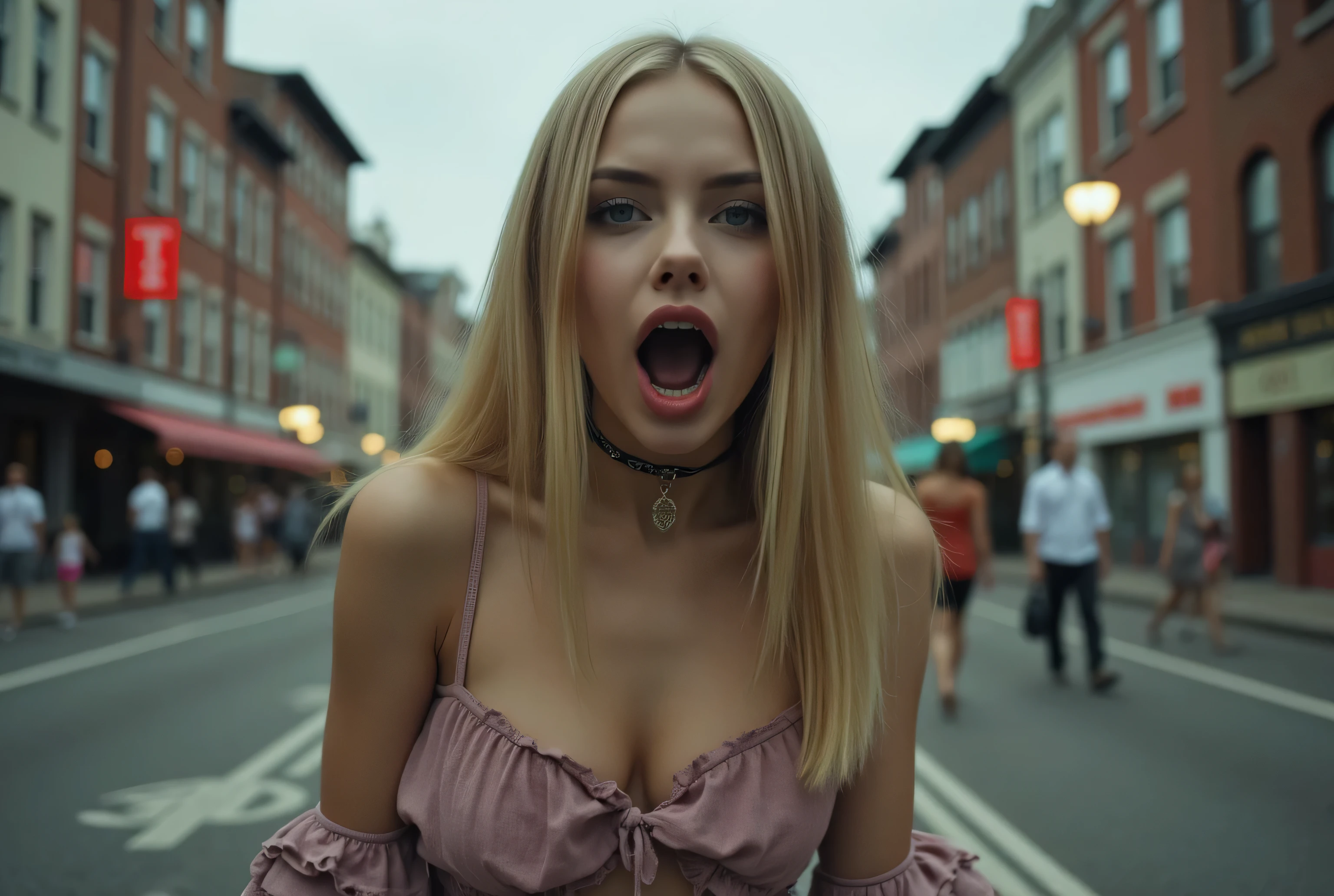  1 huge girl ,  cute face,   straight blond hair ,   big breasts, Looks down, is in the city,  huge mouth wide open , creepy face, Little person standing on the ground hungry look, throw, , choker
