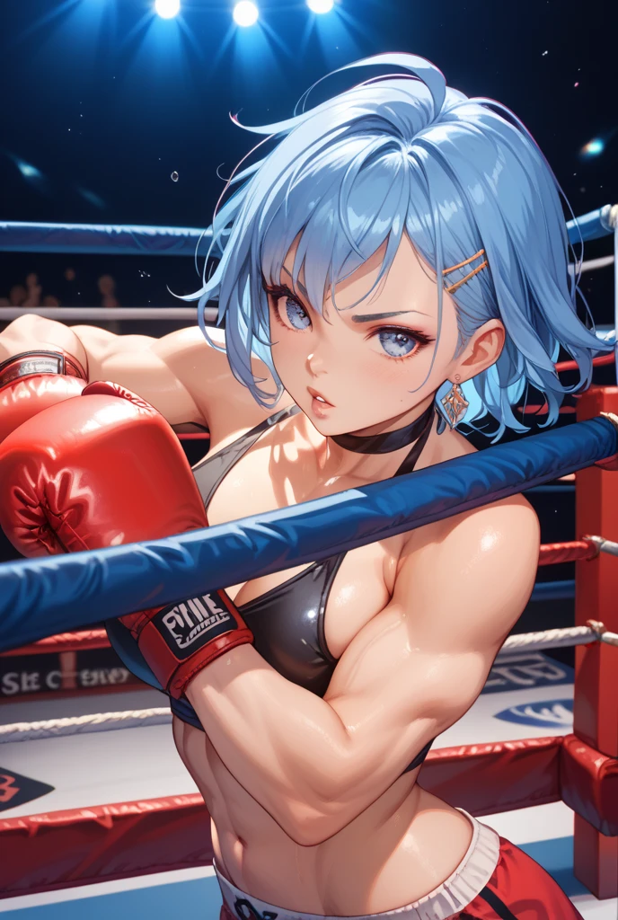 masterpiece, highest quality, (Highly detailed CG Unity 8k wallpaper), (highest quality), (Best illustrations), (Best Shadow), Confused, Realistic lighting, (abyss), Beautiful and delicate shine,victory,Random Pause,((Bare skin wet with sweat,Female professional wrestler)),Cute freckles on the cheeks,Mole under left eye,Hair wet with sweat,Luxuriously decorated wrestling costume,pain,suffering,ring,Plump,Villain wrestler,A female wrestler with blue dyed hair,game,pain,anger,