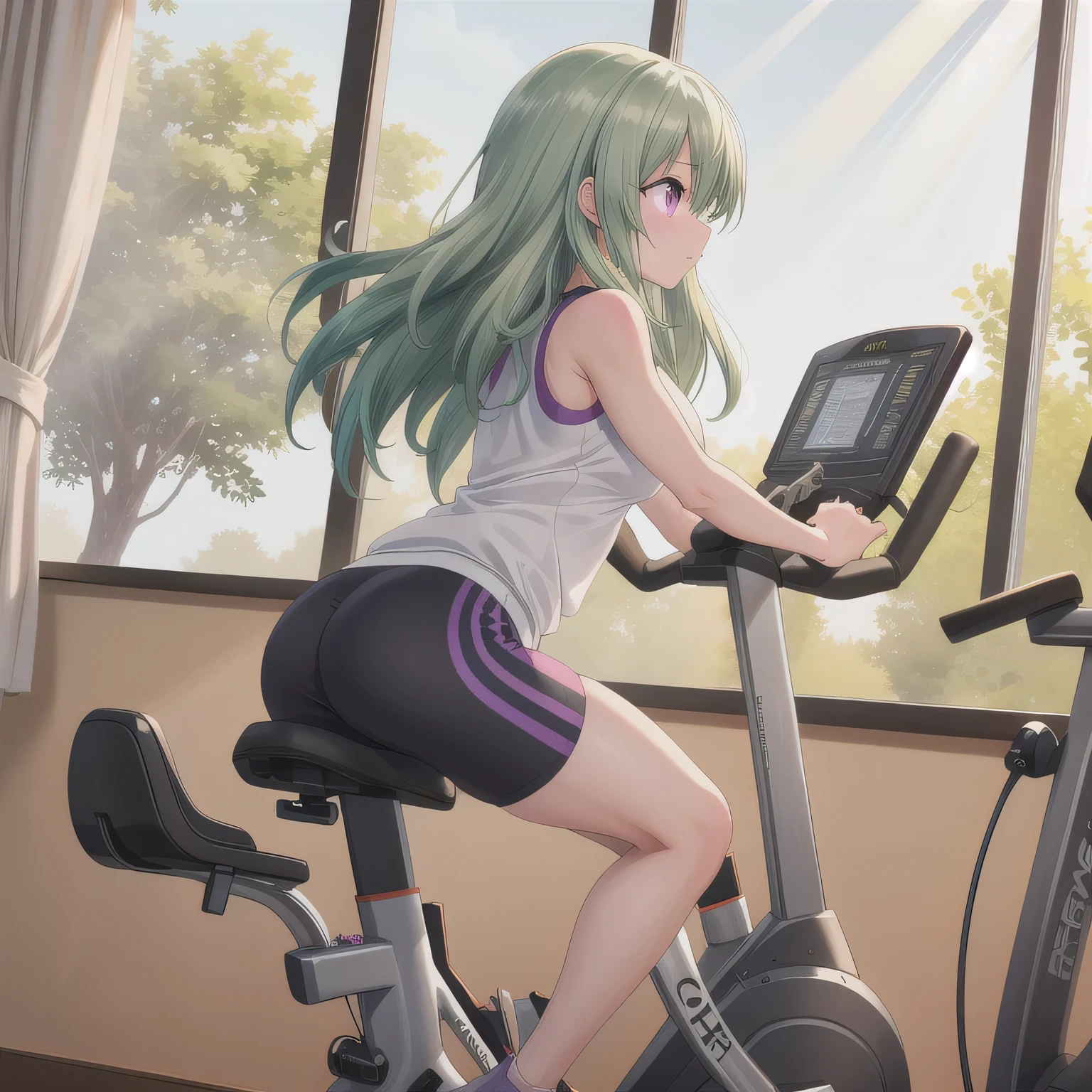 A fitness gym, a person training on a stationary bike, side view, bright morning sunlight through large windows.  Green hair, long hair, purple eyes.