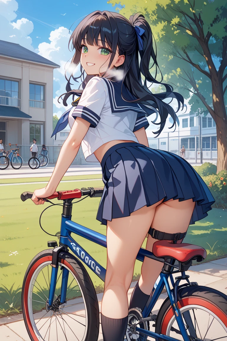masuter piece、An ultra-high picture quality、32K、Realistic Bicycle、High school girl riding a bicycle、resting on the saddle、butt touching the saddle、Angle from below、((My butt digs into the saddlerj))(Focus on the buttocks)、(up skirt)、(Panties are visible)、(Realistic butt)、(Ultra-detailed panties)、Sexy body、Realistic body