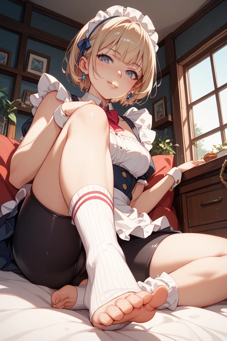 (masterpiece),(sailor moon) best quality, full-body shot, expressive eyes, perfect face, 1girl, medium breast, good breast, beautiful, gorgeous ,round breast, sitting on a couch, brown hair, medium shot, indoors, classroom, cleavage, smjupiter smjupiteroutfit, feminine, blushing, bangs, left hair ribbon, (medium breasts:1.4), red eyes, short hair, smile, solo, blonde hair, bobcut, masturbation from below, Grab your own breasts, One girl, sit on the floor, Spread your legs, Raise your legs