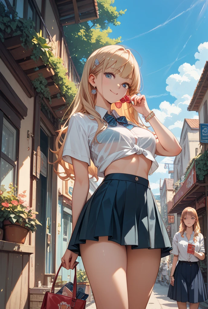 1girl, full body, summer, village, trees, sun, clouds, ((colorful hair)), ponytail, large breasts, button down, blue eyes, ((red, white and green shirt)), ((unbuttoned shirt)), unbuttoning buttons, ((short sleeved shirt)), black mini skirt, brown shoes, grin, looking at the viewer, standing, red, white and green hair ribbon, cleavage, ((golden necklate))