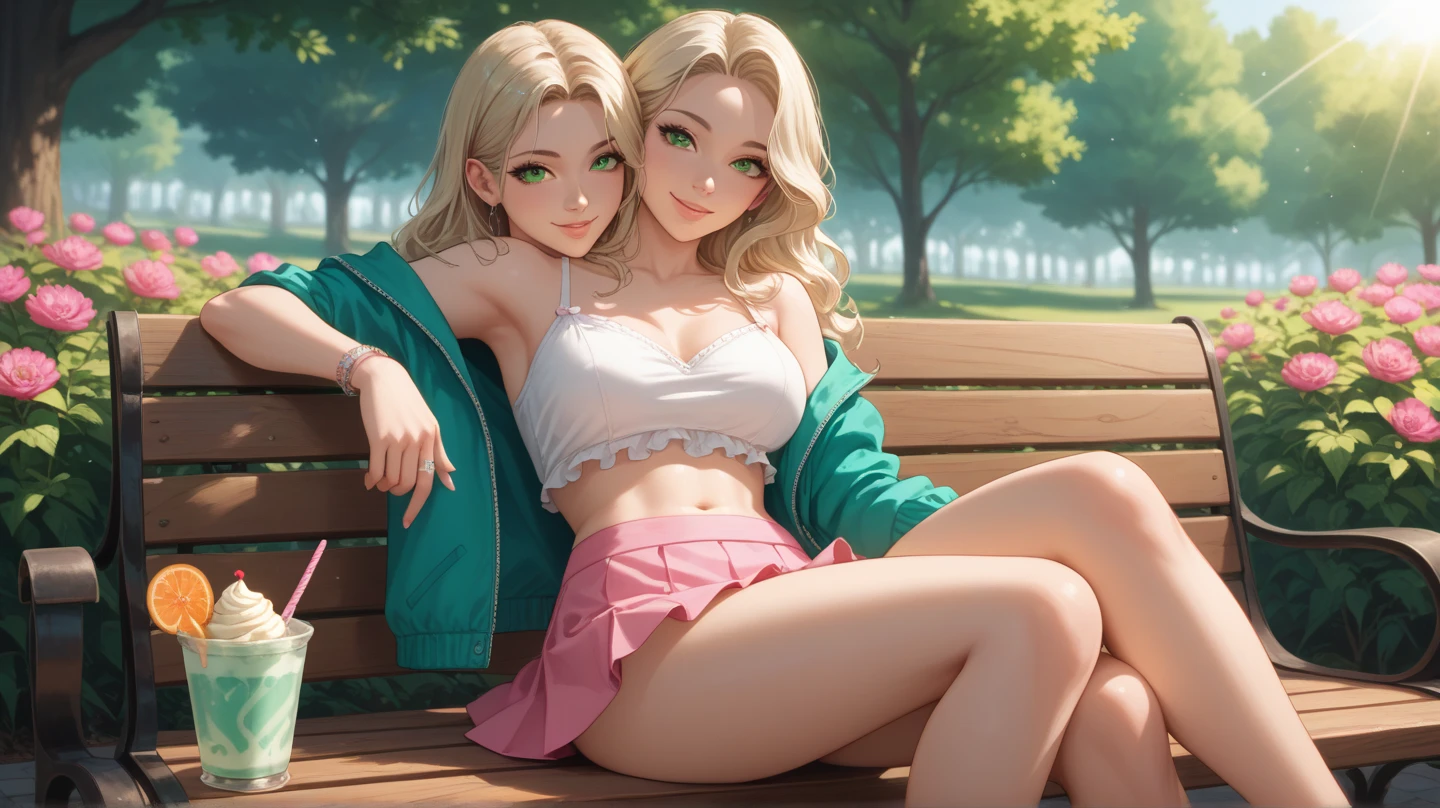 (Obra maestra, mejor calidad:1.4), (8k), joven belleza rubia, (((18 years, chica ordenada))), ojos azules detallados, long eyelashes, rubor, sonrisa amable, parte superior del cuerpo, top corto, small ass, Piernas delgadas y delgadas, falda rosa, (mirando al espectador), hermoso cabello rubio, De piel blanca, pelo largo, golpes, (medium sized breasts), (bosque de hongos, bosque celestial, beautiful and magnificent pink sun, cielo rosa y azul majestuoso), luz natural colorida)