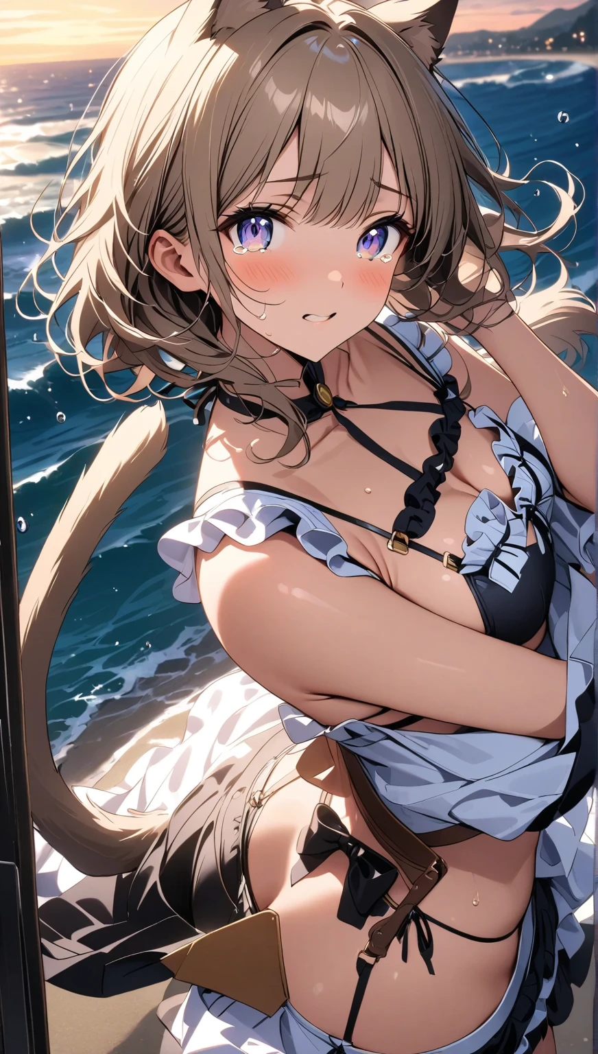 (Raw photo:1.2), (It's photorealistic:1.4),(muste piece:1.3),(best quality:1.4),ultra high resolution,ticker,8K, (extreme detailed illustration), 1 baby girl, detailed beautiful face, Young Girl, long curl hair,shy smile,solo, view viewer,clear background, At the beach, Depth of the bounds written, natural lighting,(See-through silhouette),Ulzan-6500-v1.1:0.7
