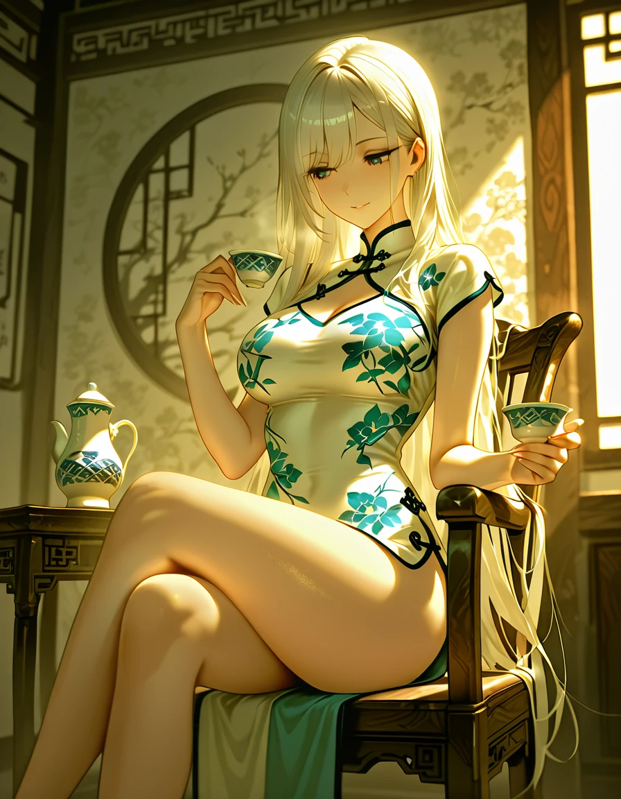 Anime girl sitting on a chair，Exhibition barefoot，There were flowers and a teapot, palace ， Girl wearing Hanfu, author：Yang J, g liulian art style, Guviz-style artwork, ((Beautiful fantasy queen)), Onmyoji detailed art, Beautiful character painting, Drink, 8k high quality detailed art, like, heise jinyao，Exquisite and perfect facial features，Beautiful and delicate eyes，Long eyelashes，Delicate eyeliner，Almond eyes，blue eyes，dark pupils，There are bright spots in the eyes，Beautiful lip details，8K HD slices are correct，Oil painting thick painting style