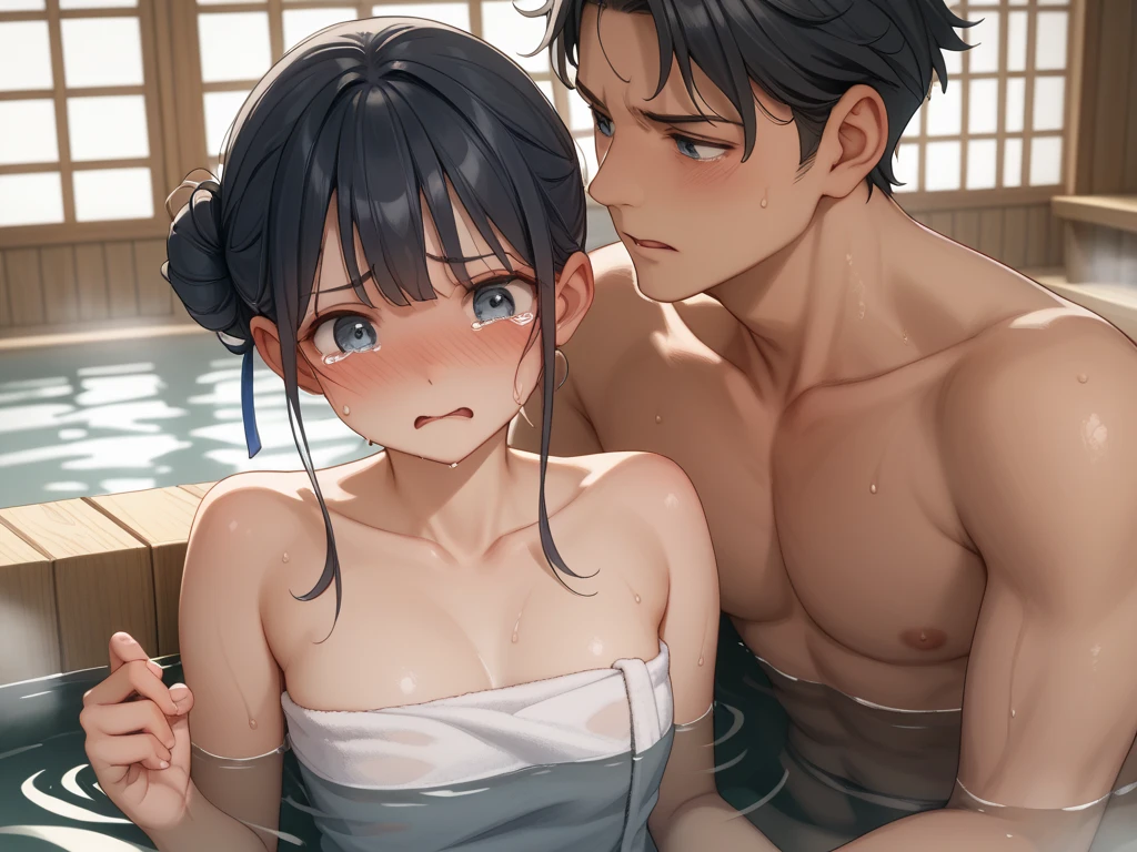 masterpiece, best quality, absurdres, 1girl, nude, (1boy), sex, (hetero), looking at another, sitting, girl on top, (straddling, upright straddle), hug, pussy juice, <lora:upright_front_squatting_2:0.72>, (blush:1.3), (sweat), steam, bedroom, window, wide shot, full body, from above, (closed eyes), wavy mouth, (open mouth), ((motion line, trembling, spoken heart, sound effects)), outdoors, onsen, ((submerged:1.3)), (water), night, dark, dimly lit