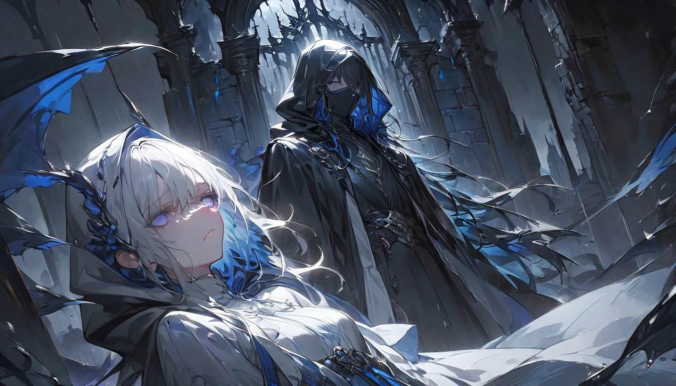 25-year-old male、White long hair、Yellow Eyes、Black Magic Sword、Medieval Europe、Black Steel Armor、Expressionless、Dark Magic
