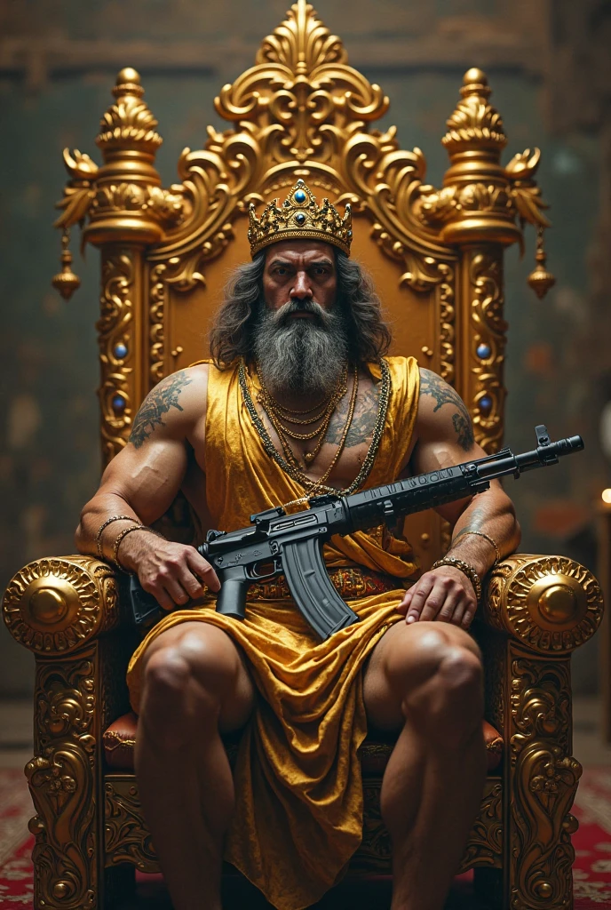 Imposing, strong and handsome emperor with European features and a very short beard wearing a crown and holding a scepter sitting on a throne with a falcon 