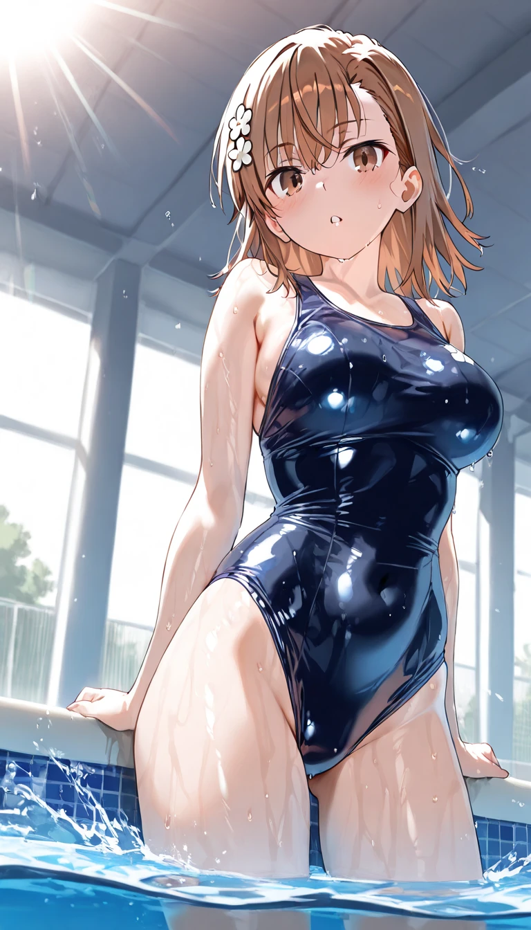 mastute piece,Best Quality,insanely detailed,8k cg,nsfw,
(shoot upper body:1.3),
(1girls:1.3),standing,looking at viewr,body in front,both arms behind back,(school competition swimsuit:1.3),(bare breasts:1.1),(bare nipples:1.1),
break,
blush,shy,(ecstasy face),(trembling:1.2),break,(light blonde hair:1.2),
break,
perfect breasts,perfect teats,(open mouth:0.9),(large breasts:1.2),
(poolsaid)、