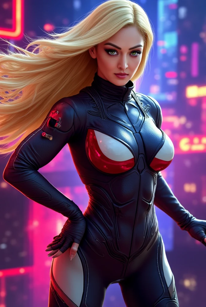 ((Miss marvel from marvel comic series)) (beautiful face)(glowing eyes)(red lips) ((very long blonde straight pony tail hairstyle with side bangs))((glowing hair))((very huge breasts) (perfect slim body) (wears red and blue string body suit, blue long stocking))((gloves, choker)) ((cosmic power on hands)) (posing sexy on skycrapper rooftop at night)), ((showing backside and ass)) (high definition, amazing lights and shadows) ((masterpiece)) (8k) (perfect face) (best quality) (perfect hands, eyes, and face)((cosmic power floating around))