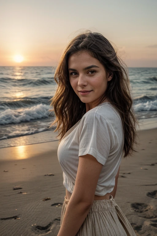 ((Melhor qualidade)), ((obra de arte)), ((high resolution)), ((fotografia perfeita)), ((realista)), (rosto perfeito), linda mulher, cabelo loiro, na praia, walking towards camera na praia, Vestindo uma longa camiseta preta, feliz, luz brilhando na camisa, knot in shirt to the side