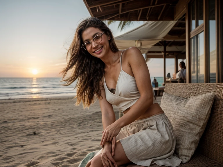 ((Brazilian woman photography)), , acostada de una menera horizontal en una reposera en la orilla de la playa, con lentes cuadrados puestos, (sombra de ojos roja y maquillaje), 8k, Detalles intrincadamente maximalistas, extremadamente detallado, retroiluminado, romantic lighting, epopeya, Suave, Vibrante, fondo de playa poblada, poca profundidad de campo, pechos de primera, enorme, senos, culo de primera, enorme, Looking at camera, front facing camera