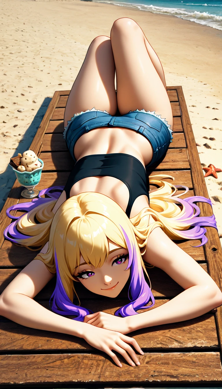 1girl, green hair, braided ponytail, beach, blue bikini, tan, lying down on beach towel, big breasts, big ass, smile, sweat