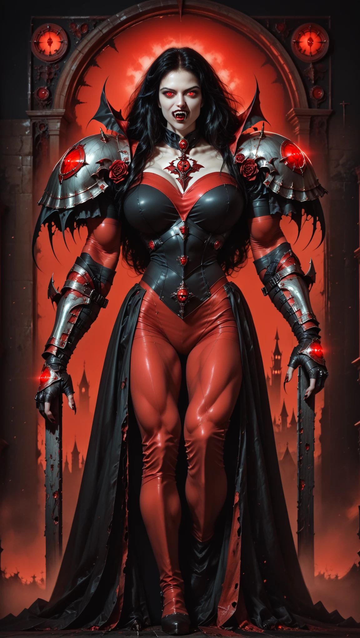 masters of the universe, a (red skinned, red skin, bright red skin) female warrior, She has dark (black hair) and green colored eyes. She wears (silver body armor), white pelvic curtain, bare arms, (silver tiara), silver shoulder pads, long black boots, silver bracers, gemstones embedded in her armor. (perfecteyes eyes).