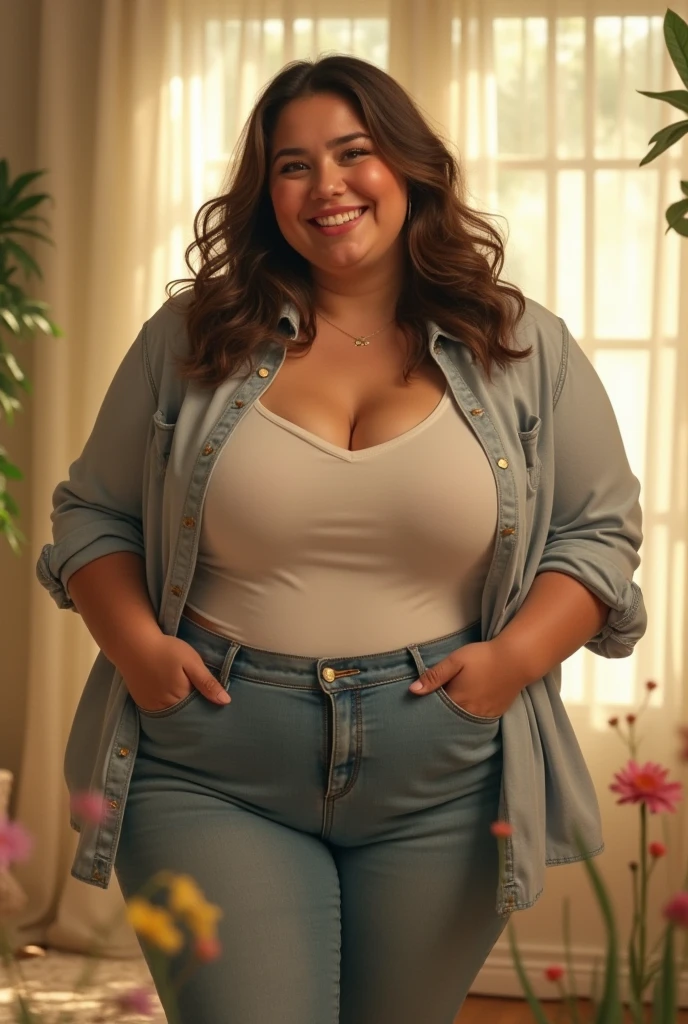 Cuckold chubby mature (56 fifty-six years old) thic voluptuous white hotwife, brown long hair,chubby belly, wearing jeans and pink blouse, golden necklace, standing up, doctor's office, smiley expression,illustrations, ultra-detailed, realistic, vivid colors, full body picture, warm tones, soft lighting, photo from the side