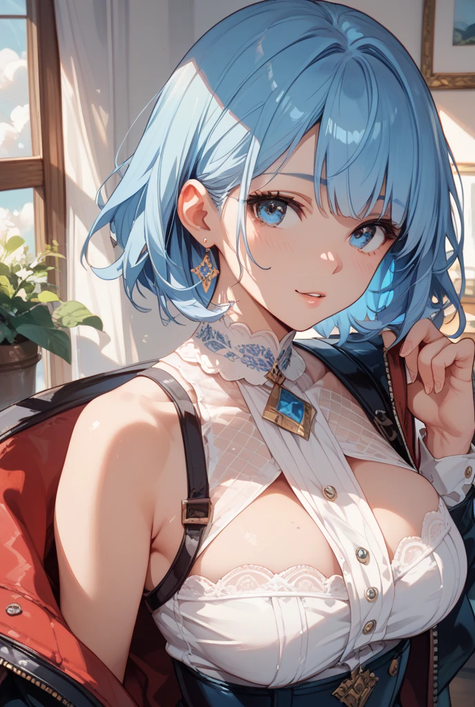 Anime Moe Art Style,highest quality,High resolution,Anatomically correct,One Girl,Mid-teens,A girl with light blue hair in a ponytail,Super detailed,Fantasy-style world,Off-the-shoulder tops,mini skirt,Big Breasts,Laughing with your mouth open,Ship deck,Leaning forward to take in the view,Excited,Eyes drawn in detail,hair ornaments,necklace,bracelet,ring,8K