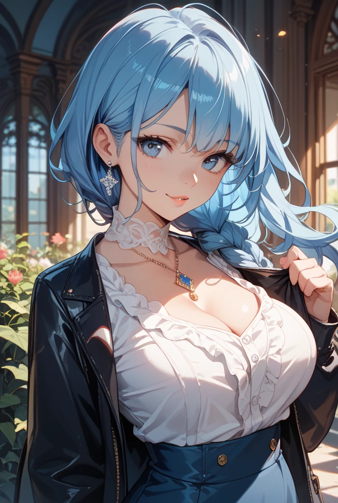 Masterpiece, beautiful art, professional artist, 8k, art style by sciamano240, very detailed face, detailed hair, detailed clothes, detailed fabric, 1girl, perfectly drawn body, beautiful face, long hair, light blue hair , very detailed blue cat eyes, romantic smile, wearing tank top, necklace, chocker, rosey cheeks, relaxing at home, home setting, model headshot , zoom in face, show details in eyes, upclose view, looking at viewer,
