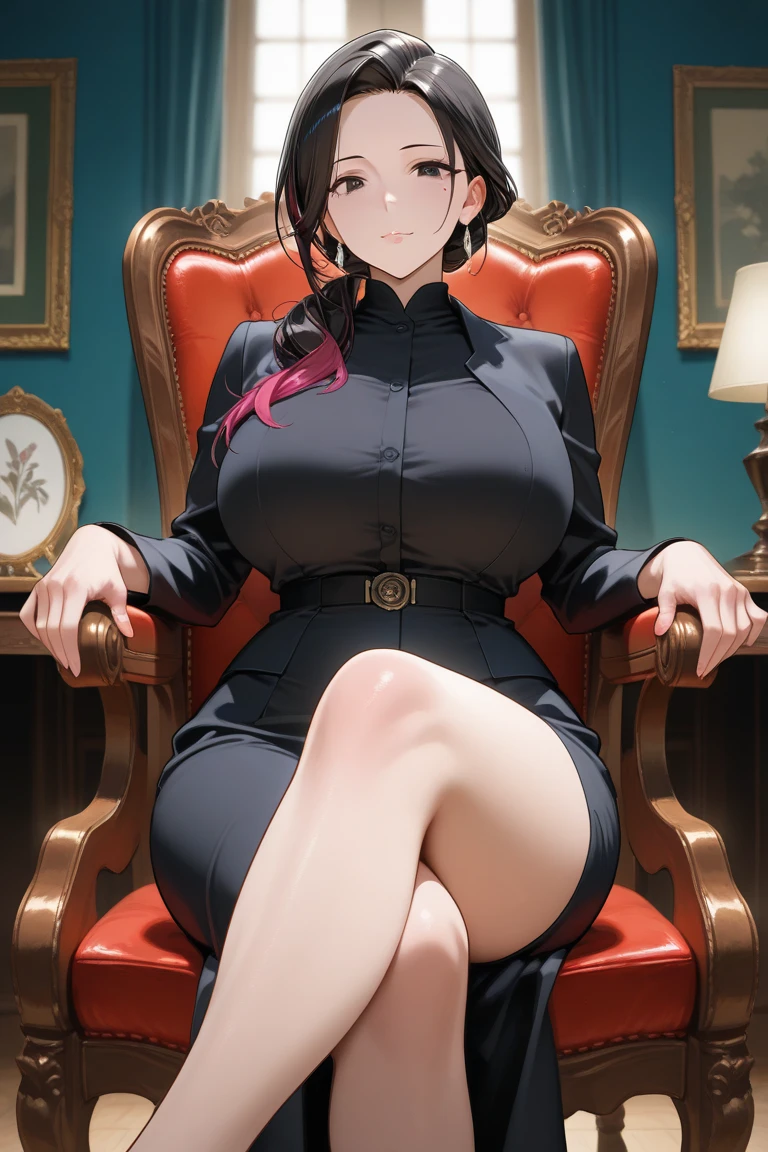 An anime-style artwork depicting yor from the anime spy x family
Tags: Yor Forger, dress, holding, black hair, red dress, high heels, thighhighs, red eyes, two-sided fabric, high heel boots, boots, hairband, sidelocks, looking at viewer, bare shoulders, standing, earrings, short hair with long locks, jewelry, closed mouth, bangs, anime, detailed eyes, detailed lips, ass, 1girl, red eyes, (black hair:1.1), solo, huge breasts, smiling expression, intense gaze, dynamic pose, indoor, palace, vibrant colors, digital art, high-resolution, professional quality, gigantic breasts, cleavage), curvy, cowboy shot, (gigantic breasts: 1.4),