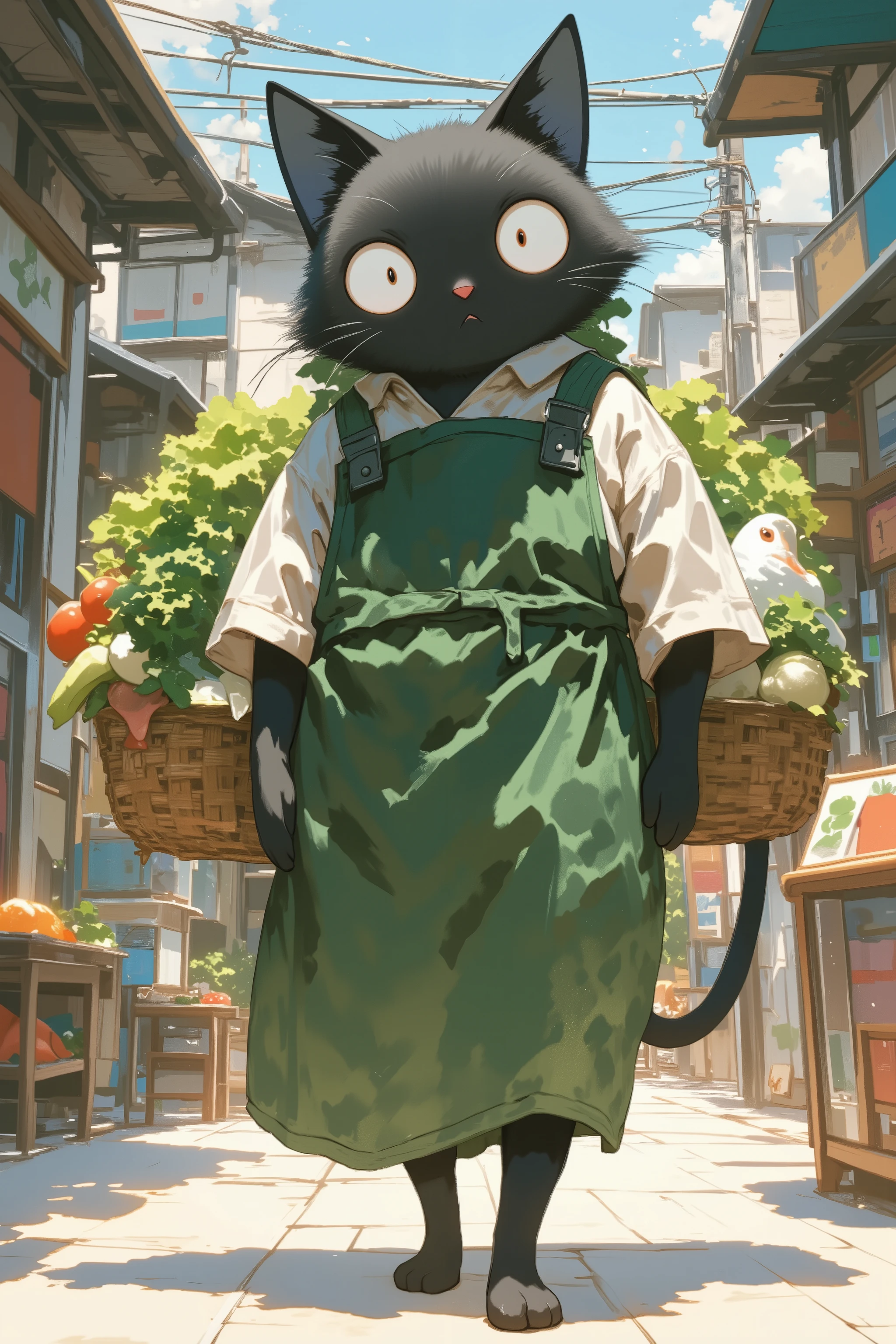 black cat walking on two legs bigger than humans \Shōjō, wearing a green apron , gray coat from nose to stomach, Gray mouth , ears are down, Ears facing outward , poor eyesight , half-moon like eyes, The iris has thin , charming face, :3, shopping basket with vegetables and fish in my hand, I have a