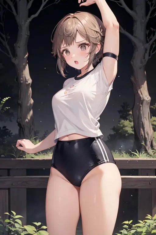 masterpiece, best quality, highres, hmochako, blush stickers, short hair, extra large breasts, pink strapless croptop, ((open-toe platform high heels)), tight booty shorts, smile, open mouth, running, forest background, legs spread apart