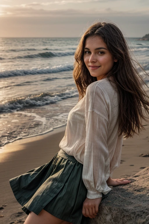 ((最high quality, 8K, masterpiece: 1.3, Ultra HD, high quality, 最high quality, High resolution, realism)) 、18-year-old Caucasian man、Women、 Hair  is black、 hair is wavy、smile、(((front)))、sit on a high breakwater on the beach、blue sky、(((Girls&#39; school uniform)))、(((mini skirt)))、White panties、Leg spread、Showing panties:1.55