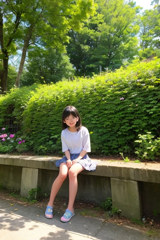 Standing in an empty park、Young Japanese women、Idol Style、Cute face、Long black hair、Cute Summer Clothemiling、Full body portrait