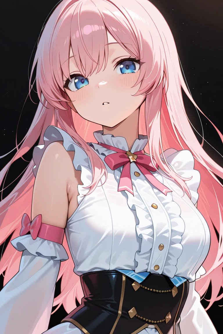 anime style,shota,pink long hair,fluffy bunny ears waitress,
(Reliable blue suspenders for hanging frilly miniskirts),(bare navel and stomach),on bed,smile,