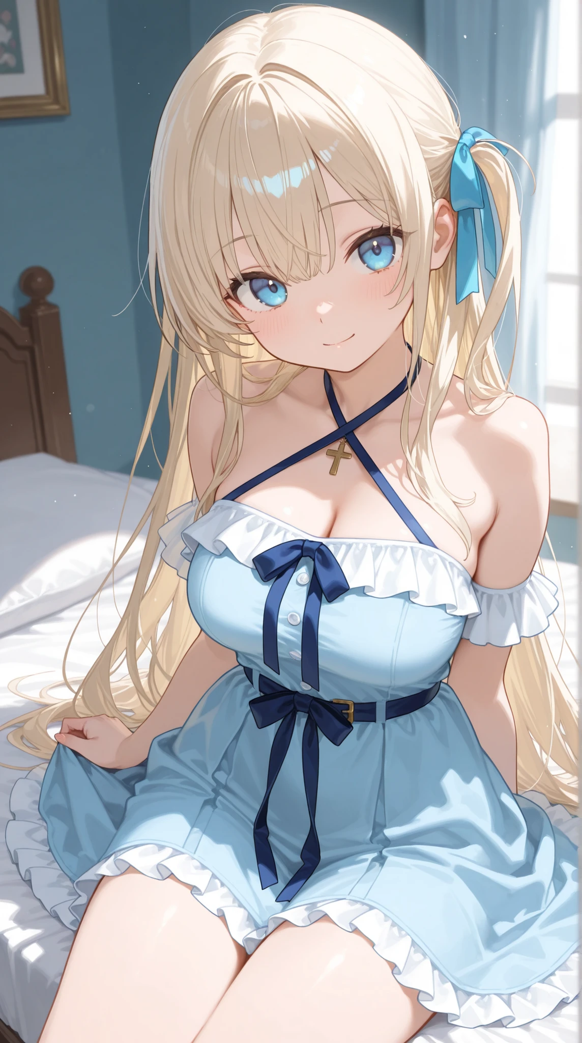 (((Cute blonde woman, long hair with pink bow, Blue eyes))), ((Clothing that exposes, large doll dress)), 8k, very detailed, heart earring, sitting in the bedroom, blushing smile, crossed legs, close view, sexy pose, Nipple Ring